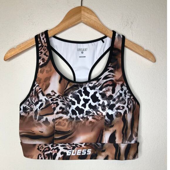 Guess Leopard Print Sports Bra Racerback Brown/ Tan Sz: L Gym Active Wear Yoga - Picture 1 of 11